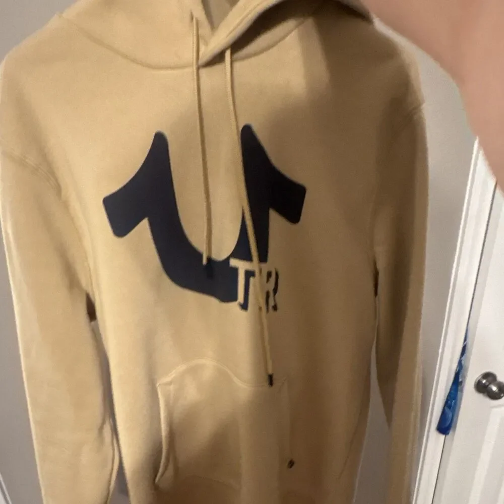 True Religion Men's L Beige Pullover Hoodie Logo Graphic Print Pockets